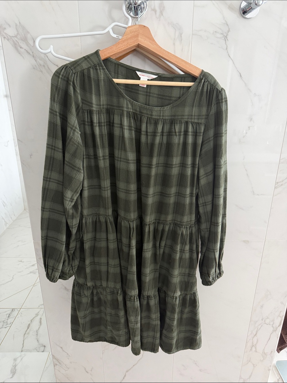 Olive Plaid Tiered Long-Sleeve Dress